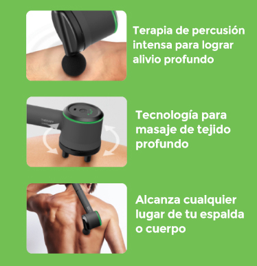 Primer plano del masajeador vibrador que crea ondas de percusión en la piel, mostrando la tecnología del masaje de tejido profundo y el masajeador de percusión oscilante en la zona media de la espalda.