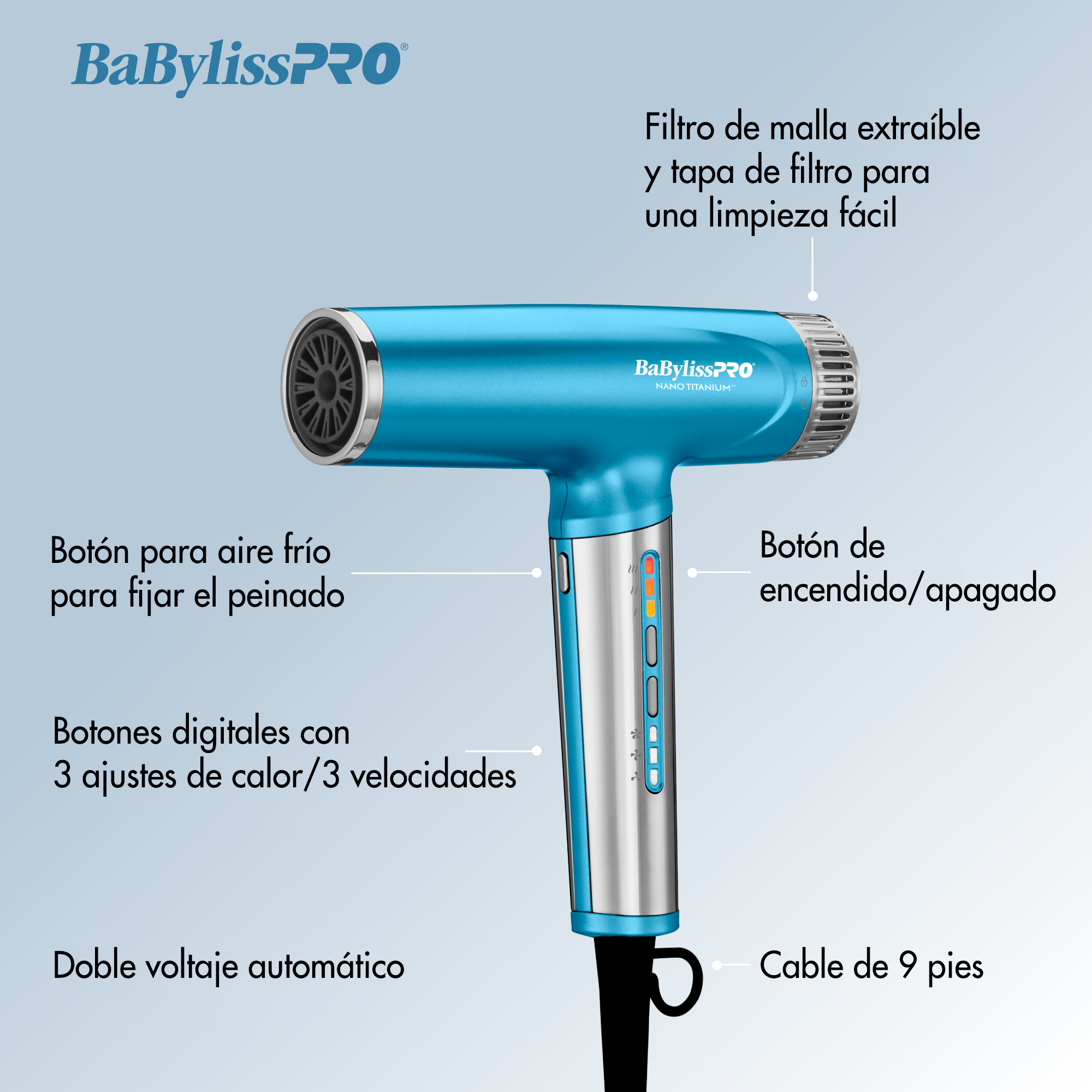 Secador iónico de alta velocidad ultraliviano BaBylissPRO® Nano Titanium™