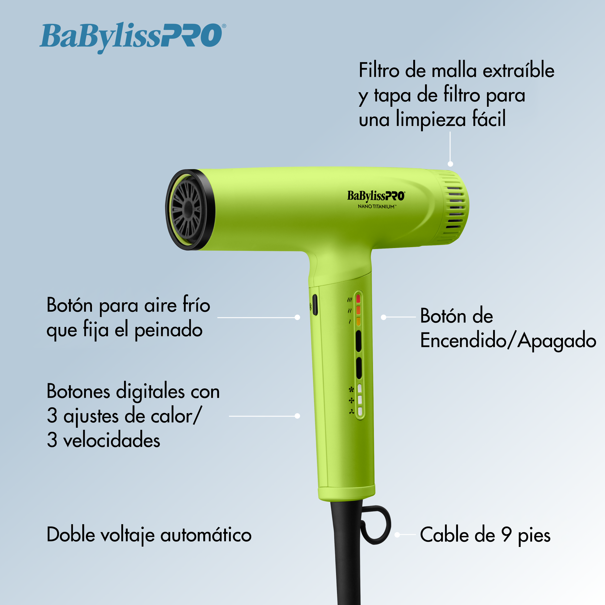 Secador iónico de alta velocidad ultraliviano BaBylissPRO® Nano Titanium™, en amarillo neón