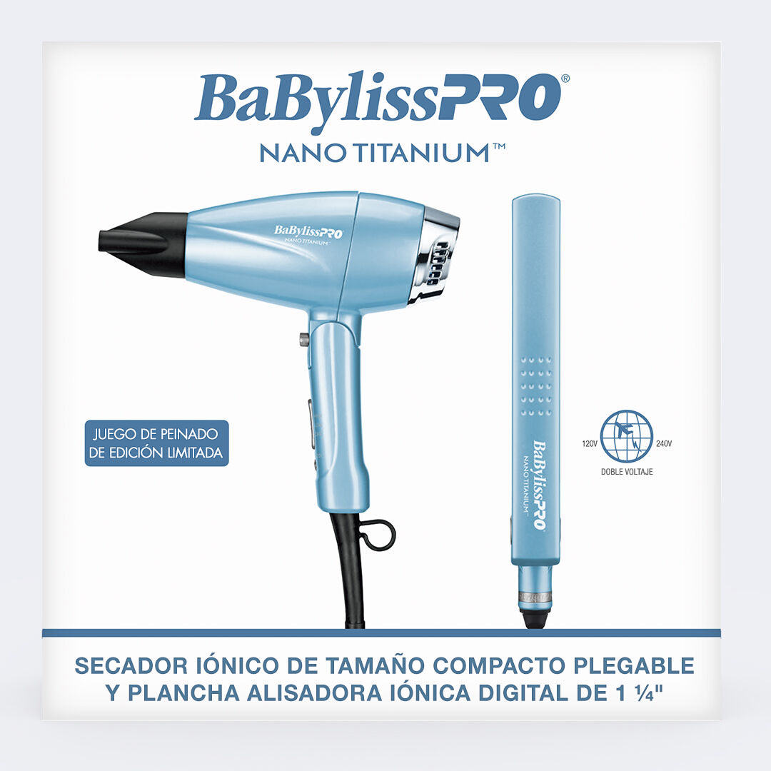 Juego de secador iónico plegable compacto y plancha alisadora iónica digital de 1.25 in BaBylissPRO® Nano Titanium™ - Edición limitada