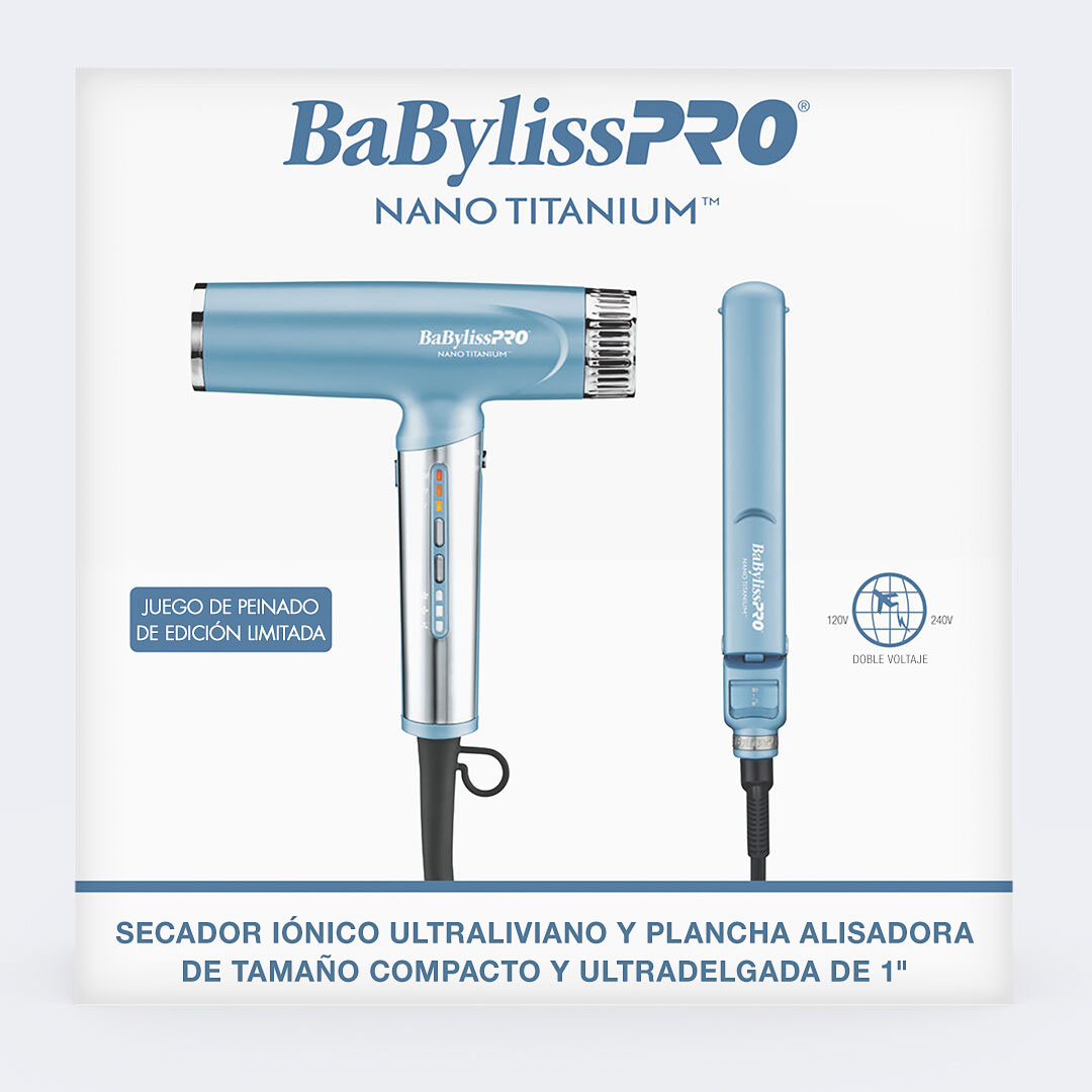 Juego de secador ultraligero profesional Nano Light y plancha alisadora ultradelgada compacta de 1 in BaBylissPRO® Nano Titanium™ - Edición limitada